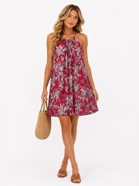 LOFT tropical Floral botanical red Halter Swing Dress L resort vacation rayon